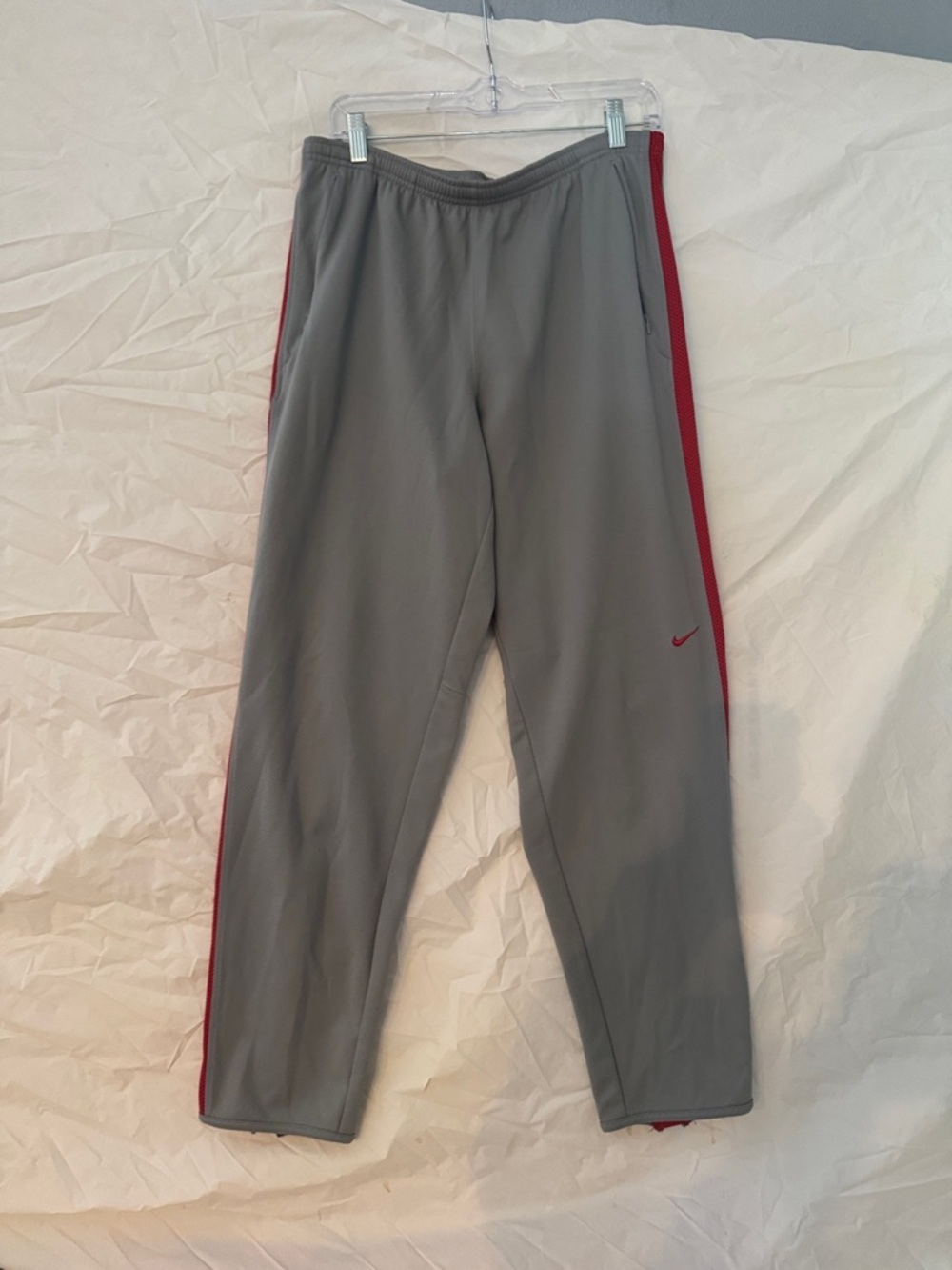Nike 90’s Men's Gray Track Pants with Red Side Panels and Zippered Back Leg